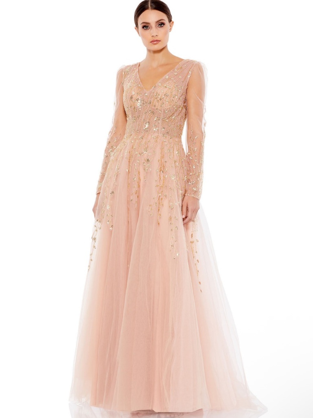 Mac Duggal Champagne Pink Embellished Tulle Gown Maxi Dress 20295 NWT $798